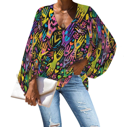V-Neck Chiffon Puff Sleeve Blouse by Luxtrini 4XL