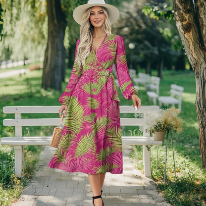 V-Neck Long Sleeve Tie Waist Midi Dress