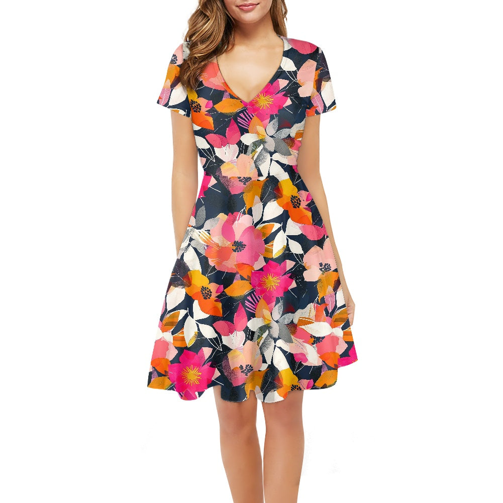 Women V-Neck Short Sleeve Ruffle Dress