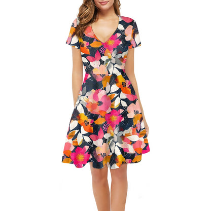Women V-Neck Short Sleeve Ruffle Dress