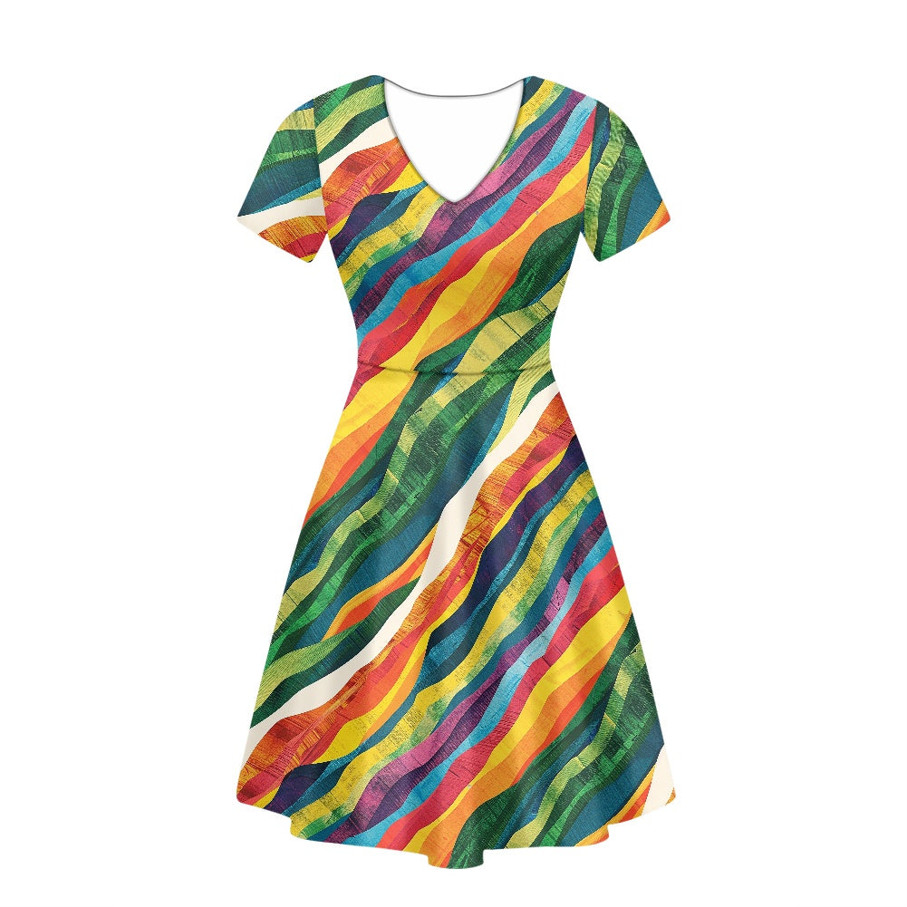 Wavy Rainbow Women V-Neck Short Sleeve Ruffle Dress white