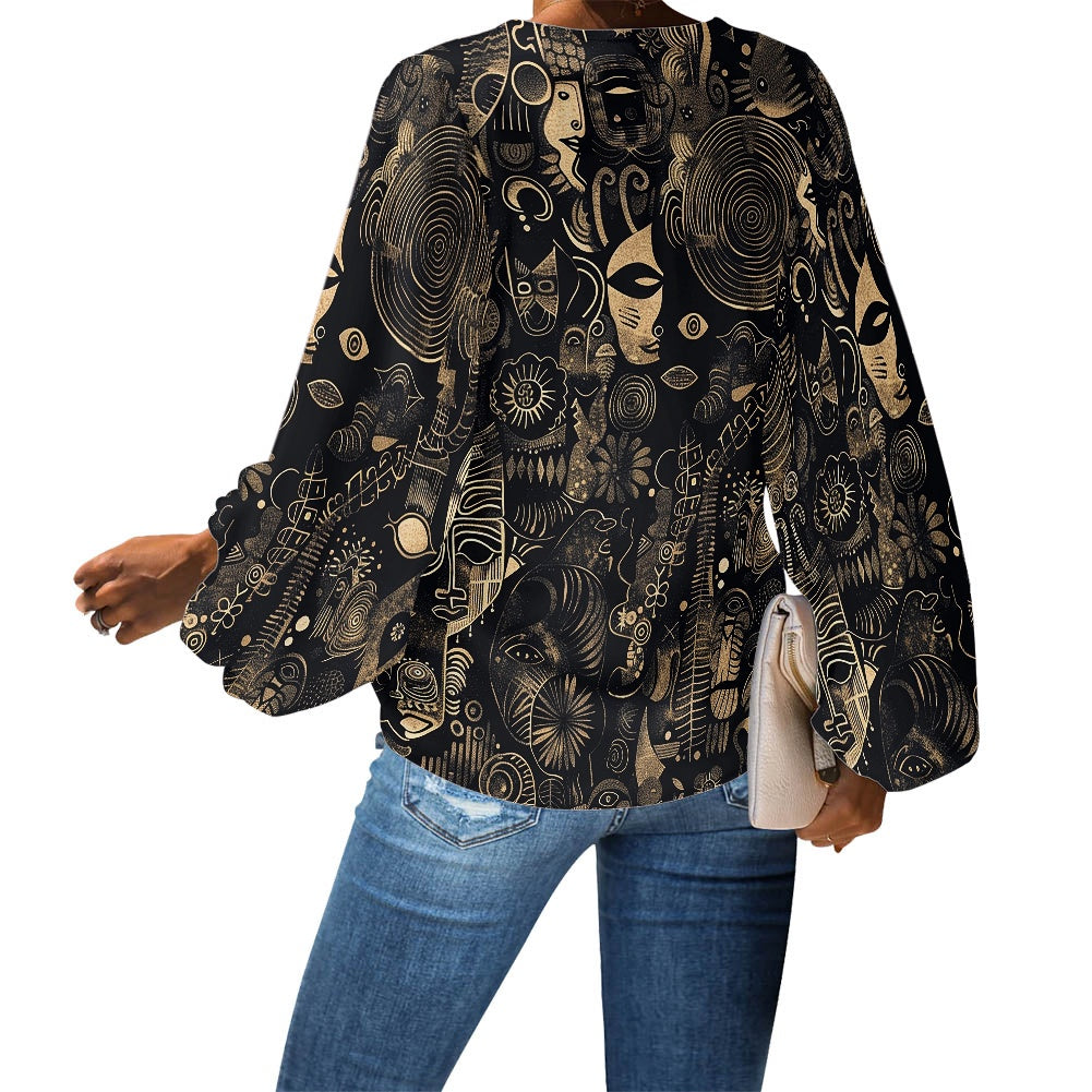 V-Neck Chiffon Puff Sleeve Blouse by Luxtrini