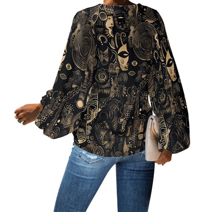 V-Neck Chiffon Puff Sleeve Blouse by Luxtrini
