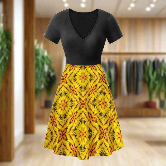 Yellow Toghu: traditional outfit of Northwestern Cameroon Black V-Neck Women Ruffle Bottom Dress