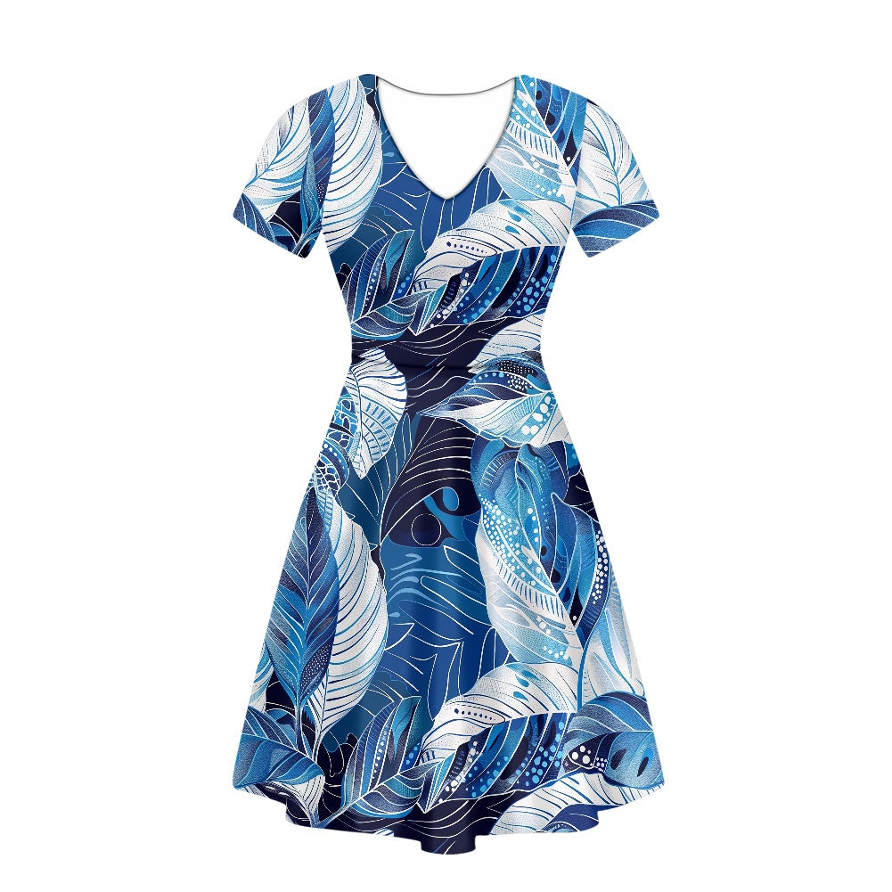 Blue Leaves Women V-Neck Short Sleeve Ruffle Dress white