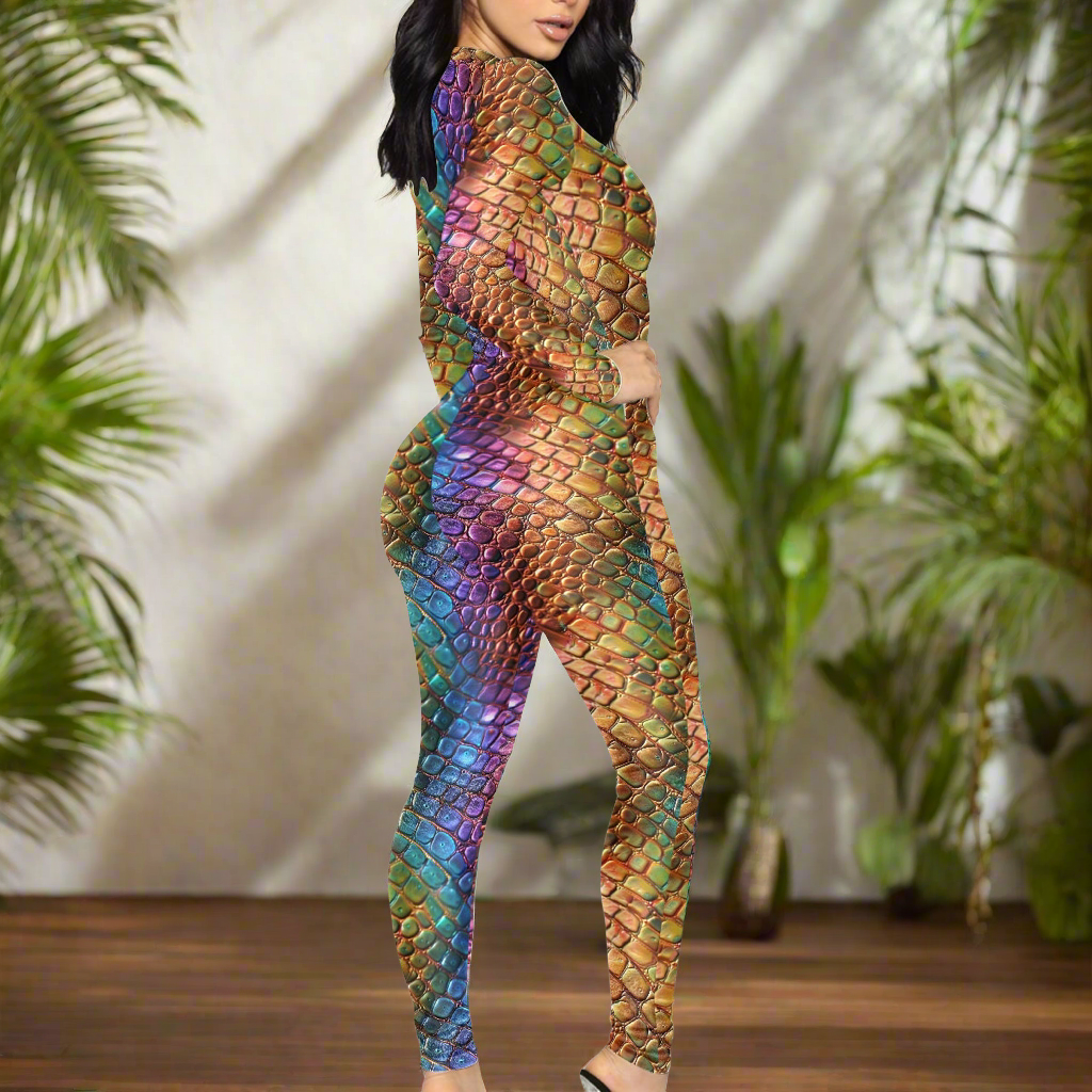 Unique Alligator Skin pattern Rainbow Pride Women's Plunging Neck Jumpsuit