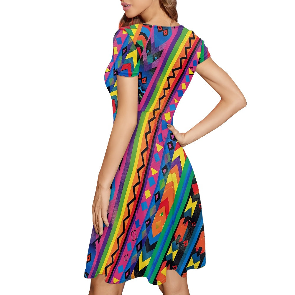 Women Scoop Neck Short Sleeve Ruffle Dress