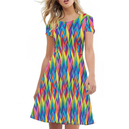 LGBTQ Rainbow Chevron Women Scoop Neck Short Sleeve Ruffle Dress