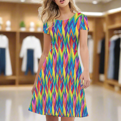 LGBTQ Rainbow Chevron Women Scoop Neck Short Sleeve Ruffle Dress