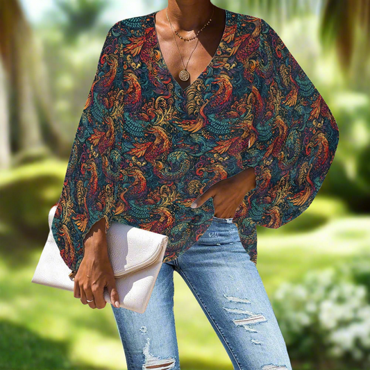 Dragon and Phoenix V-Neck Chiffon Puff Sleeve Blouse by Luxtrini