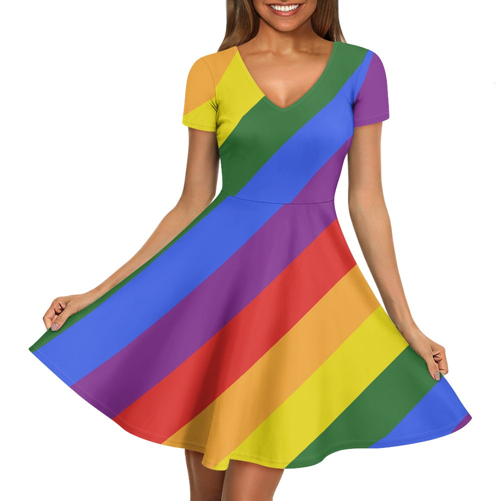 Rainbow Women short Sleeve Ruffle Dress