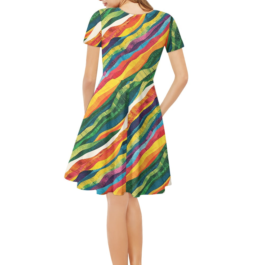 Wavy Rainbow Women V-Neck Short Sleeve Ruffle Dress