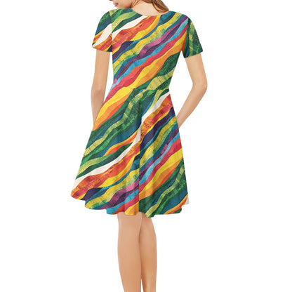 Wavy Rainbow Women V-Neck Short Sleeve Ruffle Dress