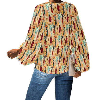 V-Neck Puff Sleeve Chiffon Blouse