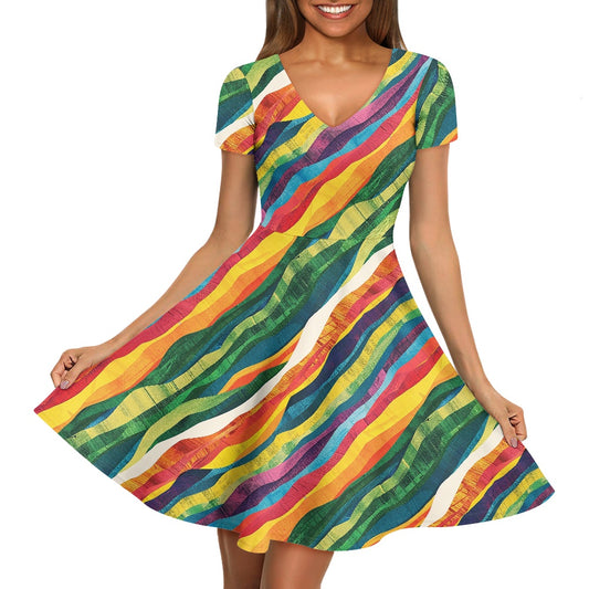 Wavy Rainbow Women V-Neck Short Sleeve Ruffle Dress