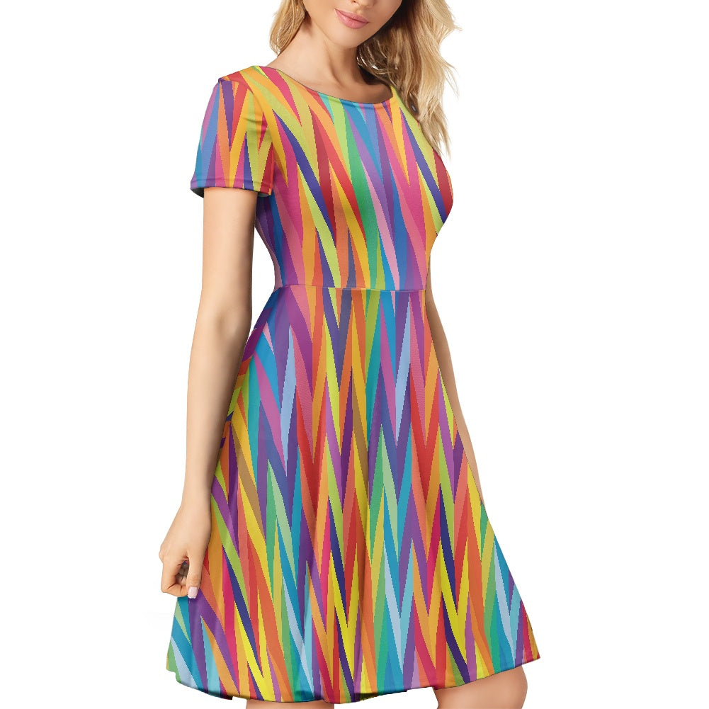 Chevron Rainbow LGBTQ Women Scoop Neck Short Sleeve Ruffle Dress