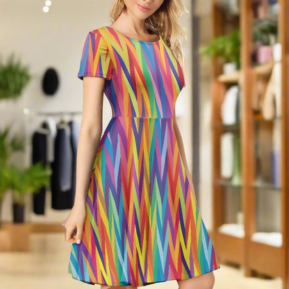 Chevron Rainbow LGBTQ Women Scoop Neck Short Sleeve Ruffle Dress