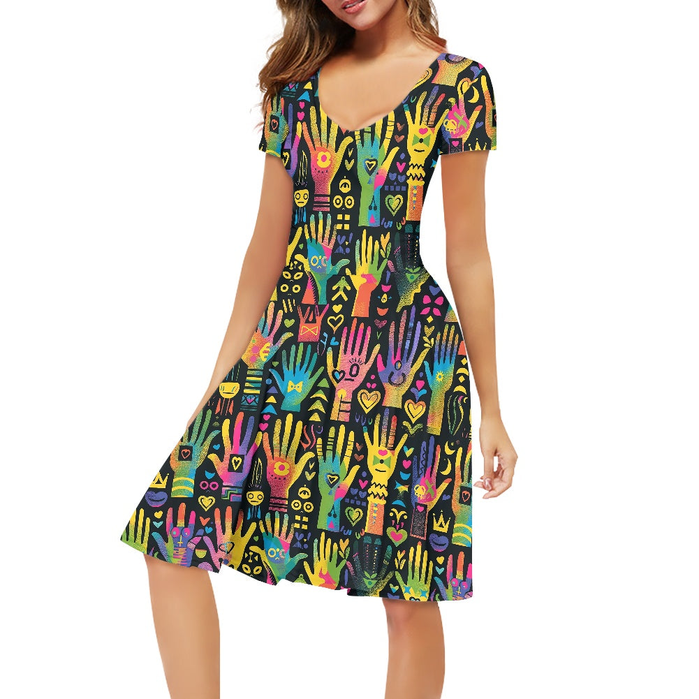 Women V-Neck Short Sleeve Ruffle Dress