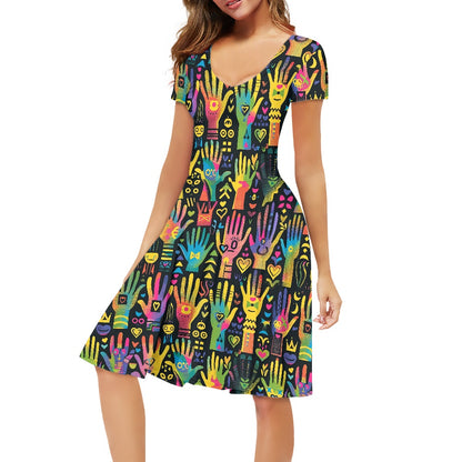 Women V-Neck Short Sleeve Ruffle Dress