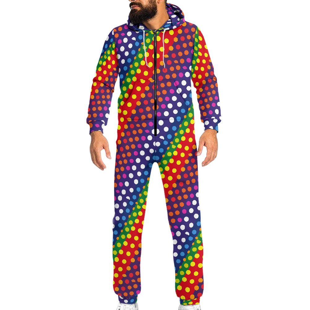 LGBTQ-Friendly Rainbow Polka Dot Women's Hooded Long Sleeve Jumpsuit by Luxtrini white