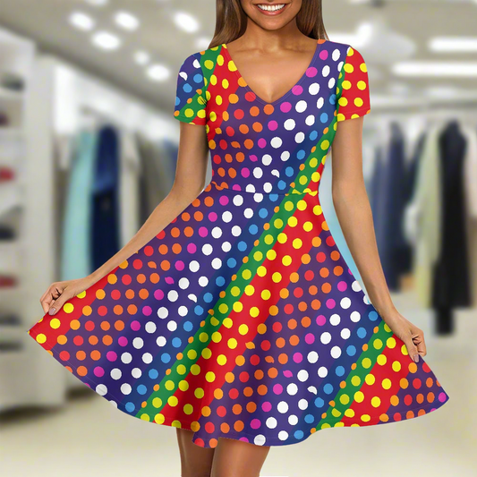 LGBTQ-Friendly Rainbow Polka Dot V-Neck Women Short Sleeve Ruffle Dress by Luxtrini