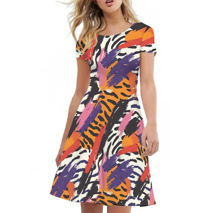 Animal Print Multicolor Women Scoop Neck Short Sleeve Ruffle Dress