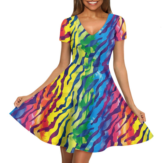 Rainbow Animal Skin Women V-Neck Short Sleeve Ruffle Dress