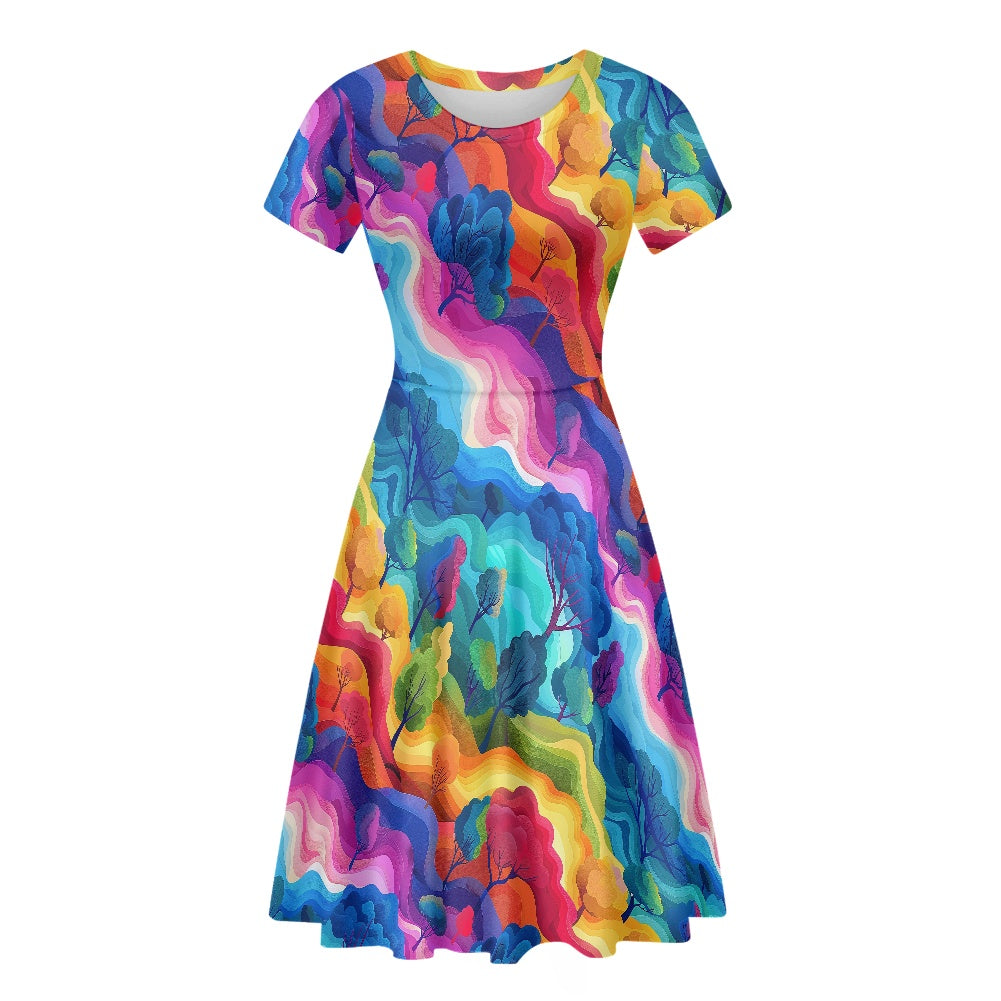 Women Scoop Neck Short Sleeve Ruffle Dress white