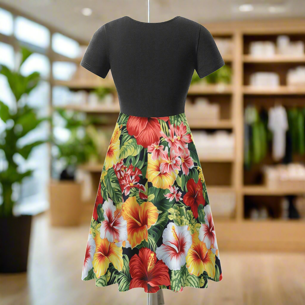 Hibiscus Black V-Neck Ruffle Bottom Dress