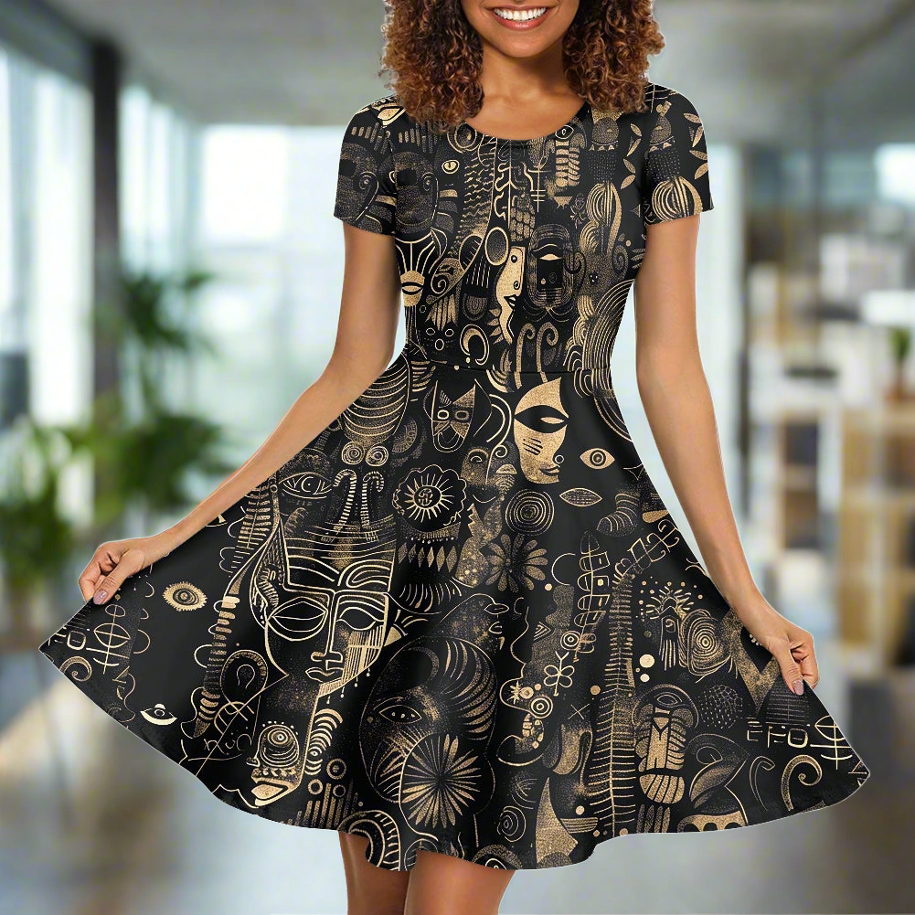 Women Scoop Neck Short Sleeve Ruffle Dress