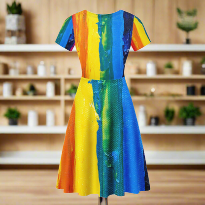 Rainbow Painting V-Neck Women Ruffle Bottom Dress