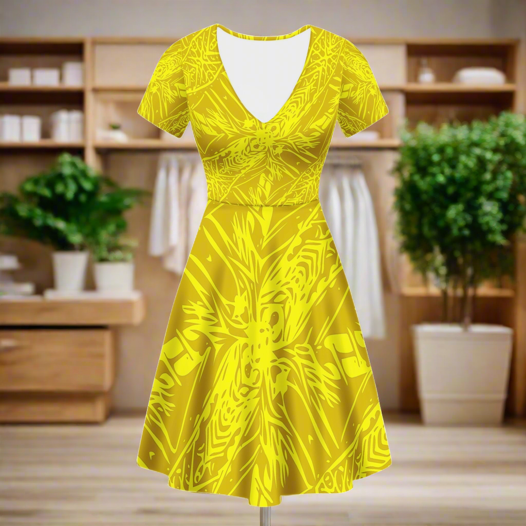 Yellow Fern | V-Neck Women Ruffle Bottom Dress