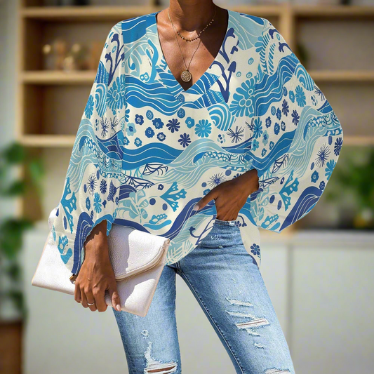 Blue Ocean pattern V-Neck Chiffon Puff Sleeve Blouse by Luxtrini