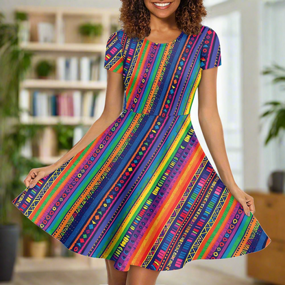 Luxtrini Womens Scoop Neck Short Sleeve Ruffle Dress with Ethnic Patterns and Rainbow Accents - Custom Handmade, Versatile and Stylish