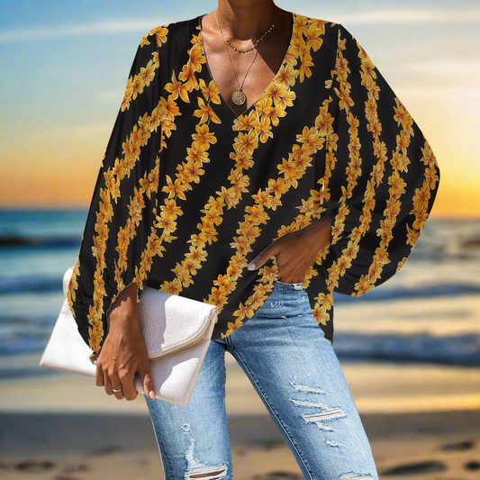V-Neck Chiffon Puff Sleeve Blouse with Hawaiian Lei Pattern – Tropical and Stylish by Luxtrini