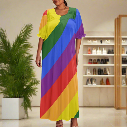 Rainbow Puff Sleeve Dress - Soft Polyester, Unique Collarbone-Flattering Design, Perfect for Multiple Occasions