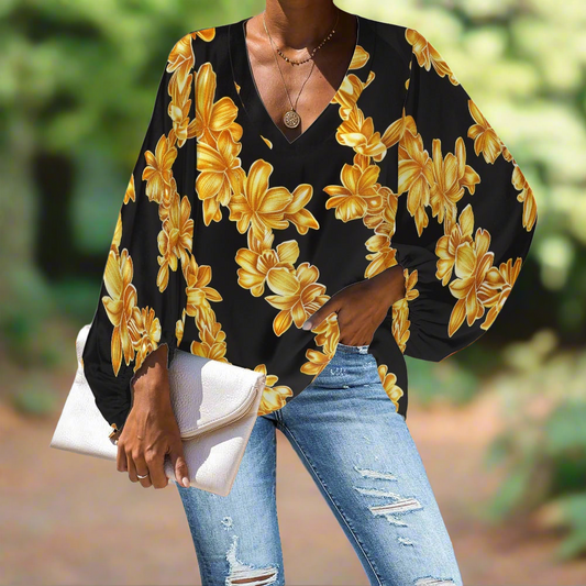 Golden Floral on Black V-Neck Chiffon Puff Sleeve Blouse by Luxtrini
