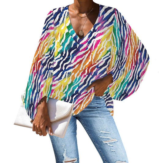 V-Neck Chiffon Puff Sleeve Blouse by Luxtrini 4XL