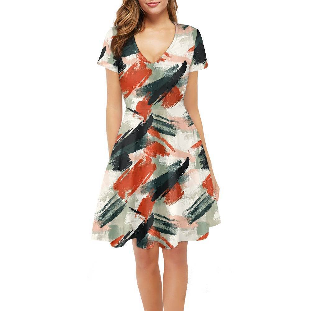 Abstract Painting Women V-Neck Short Sleeve Ruffle Dress