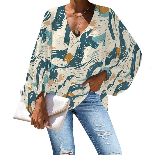 V-Neck Chiffon Puff Sleeve Blouse by Luxtrini 4XL
