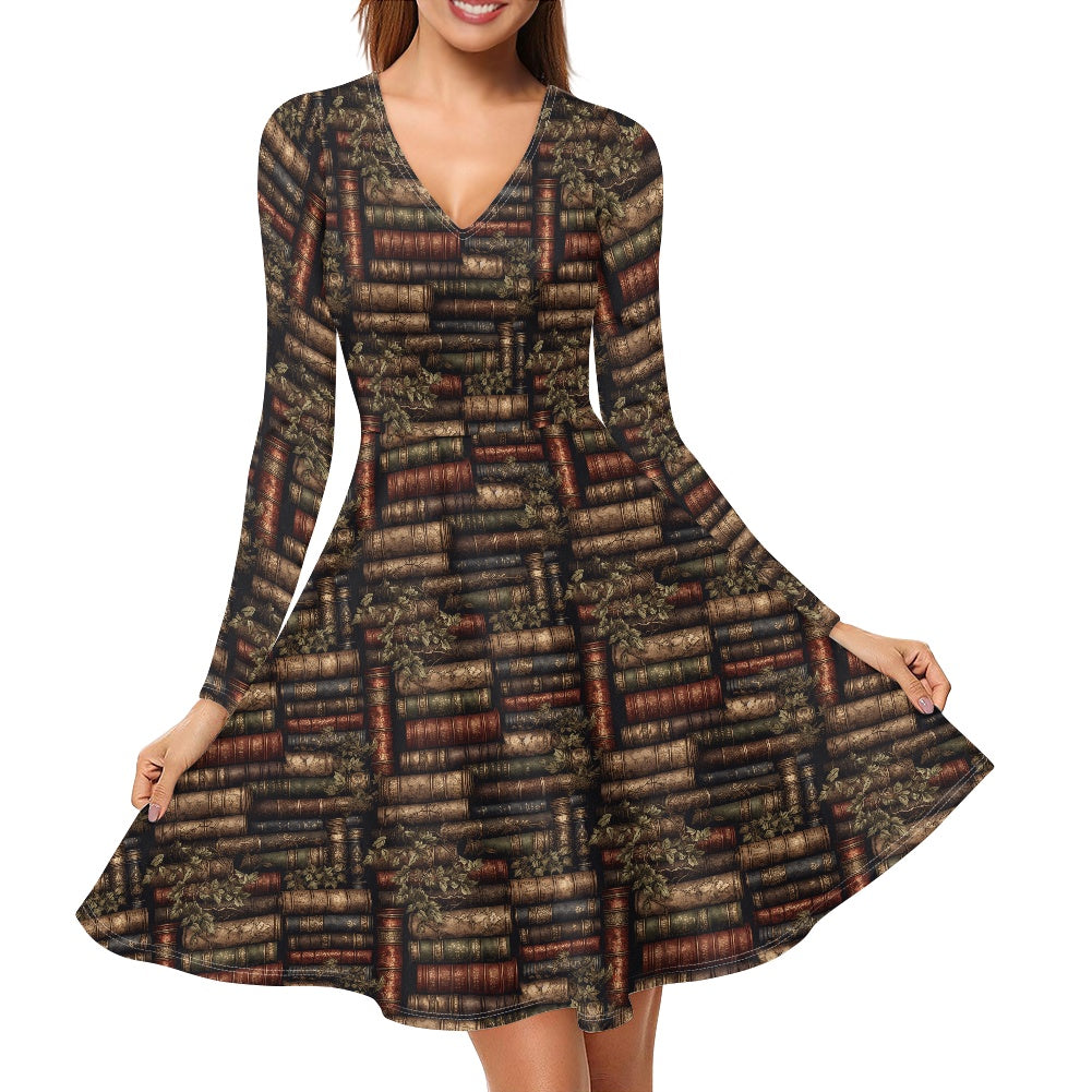 V-Neck Long Sleeve Ruffle Dress