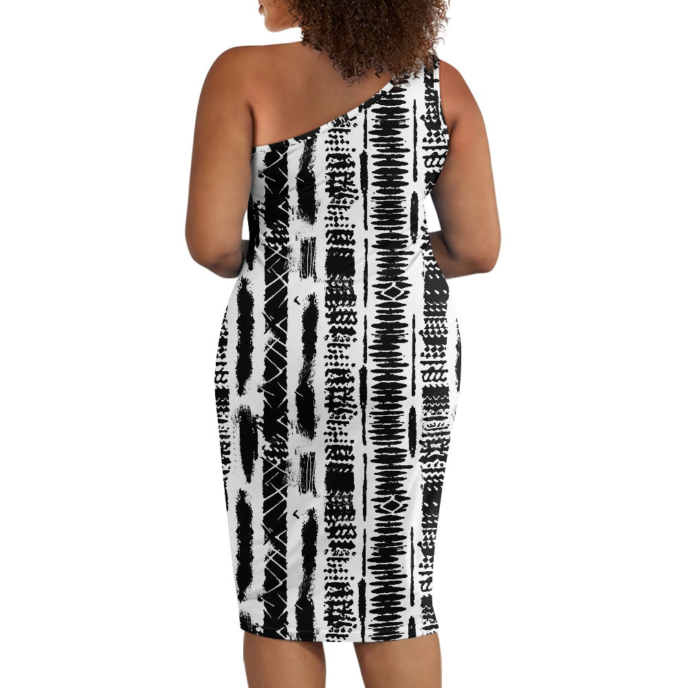 Discover Elegance: Luxtrini's One-Shoulder Slim Dress - Ethnic African B&W