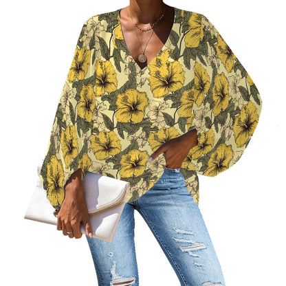 Tropical Yellow Hibiscus V-Neck Chiffon Puff Sleeve Blouse by Luxtrini 4XL