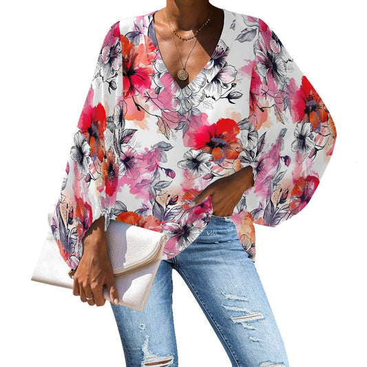 V-Neck Chiffon Puff Sleeve Blouse by Luxtrini 4XL