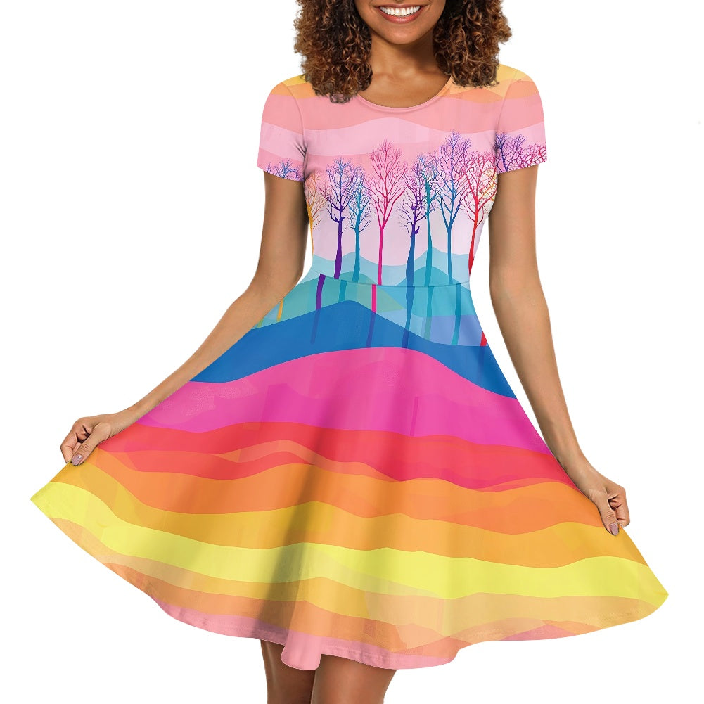 Rainbow Nature Scenic Women Scoop Neck Short Sleeve Ruffle Dress