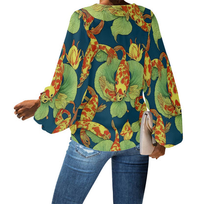 Koi Abstract V-Neck Chiffon Puff Sleeve Blouse by Luxtrini