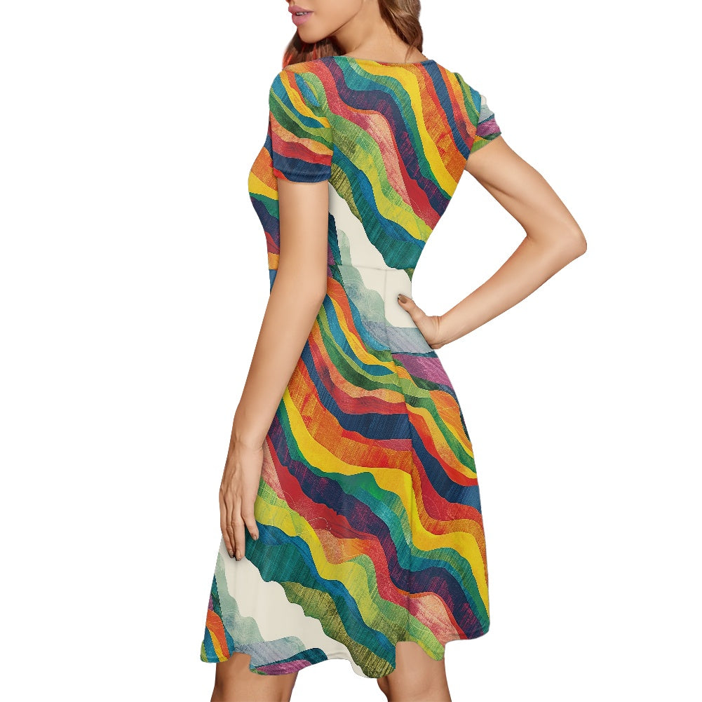 Women Scoop Neck Short Sleeve Ruffle Dress