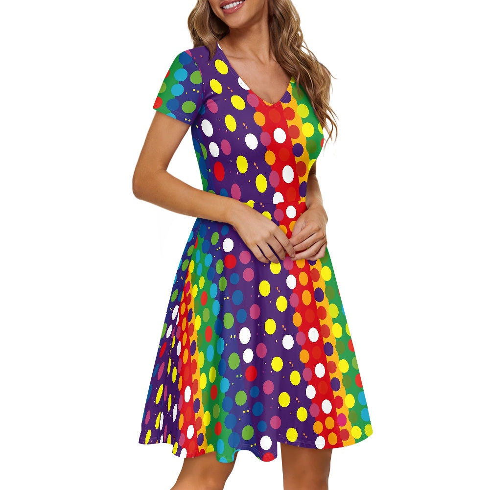 Polka Dot Rainbow Women V-Neck Short Sleeve Ruffle Dress