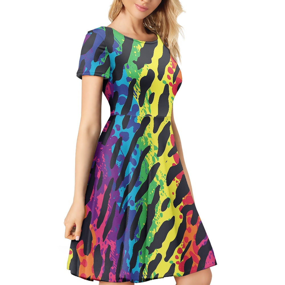 Women Scoop Neck Short Sleeve Ruffle Dress