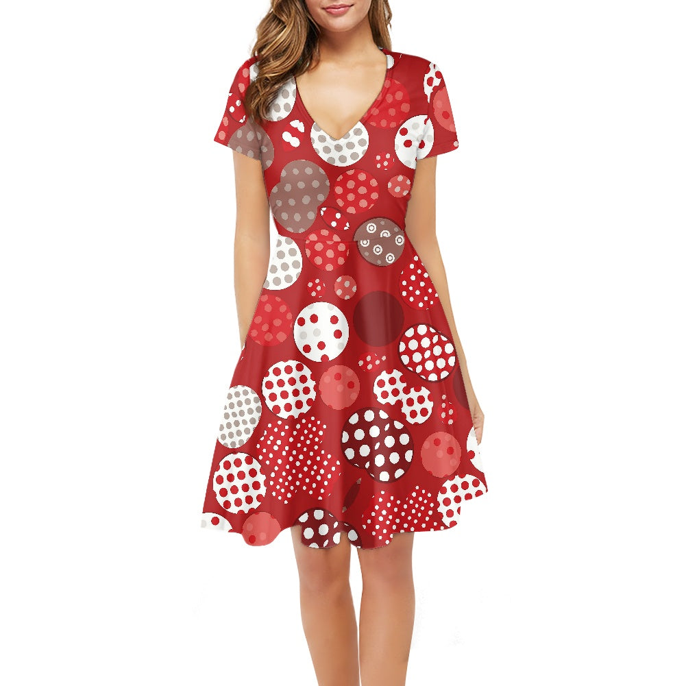 Retro Polka Dot Red Fit & Flare V-Neck Dress – Vintage-Inspired Party Dress